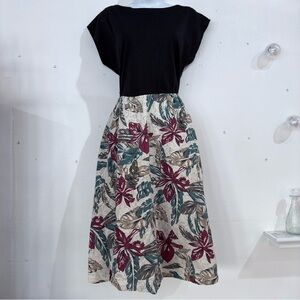 Vintage Black Tropical Floral Cotton Midi Dress Cap Sleeve Size 10
